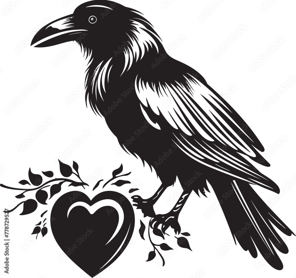Fototapeta premium Heartfelt Protector Iconic Raven Symbol Vector Logo Ravens Solace Heart Vector with Perched Bird Design