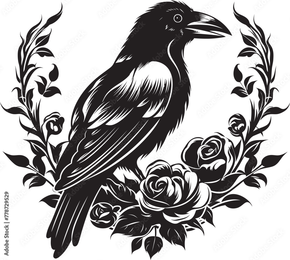 Fototapeta premium Eternal Bond Raven Perched on Heart Emblem Heartfelt Protector Iconic Raven Symbol Vector Logo