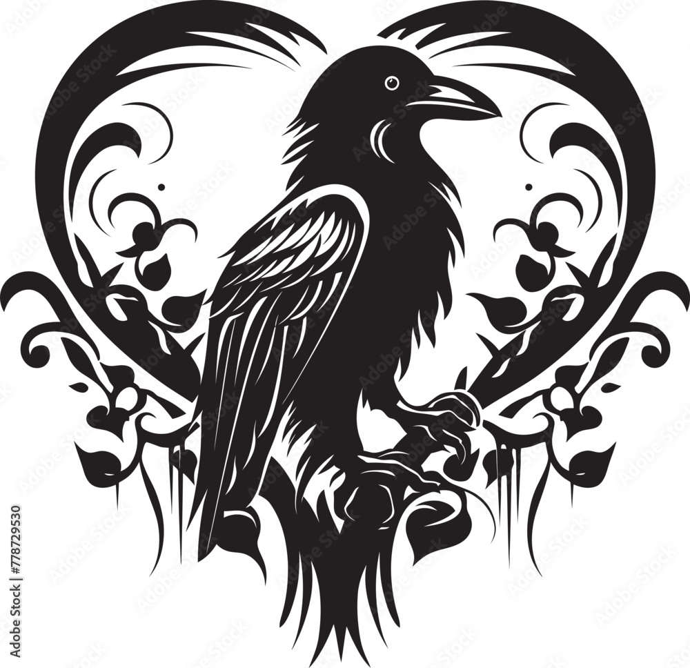 Fototapeta premium Heart and Raven Fusion Iconic Vector Logo Perched Raven Emblem Heart Vector Logo Icon