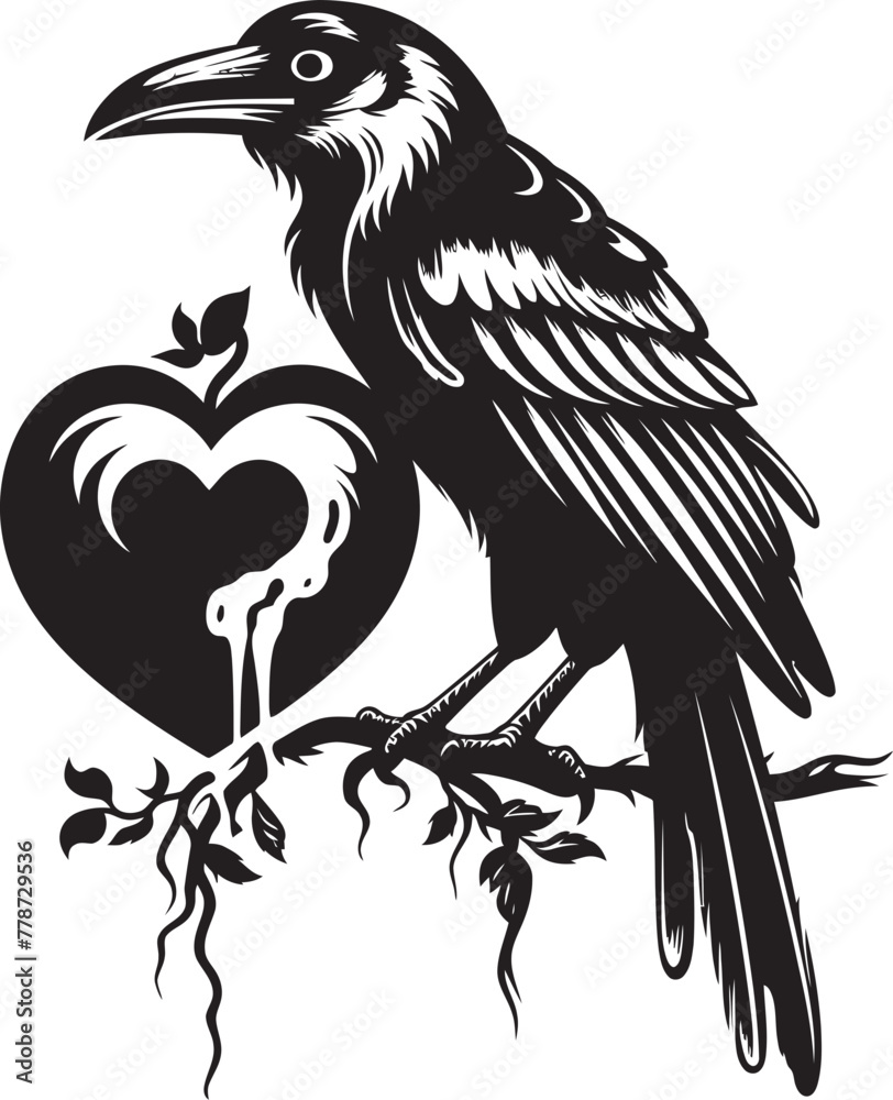 Fototapeta premium Hearts Companion Iconic Raven Symbol with Heart Eternal Devotion Raven Perched on Heart Emblem
