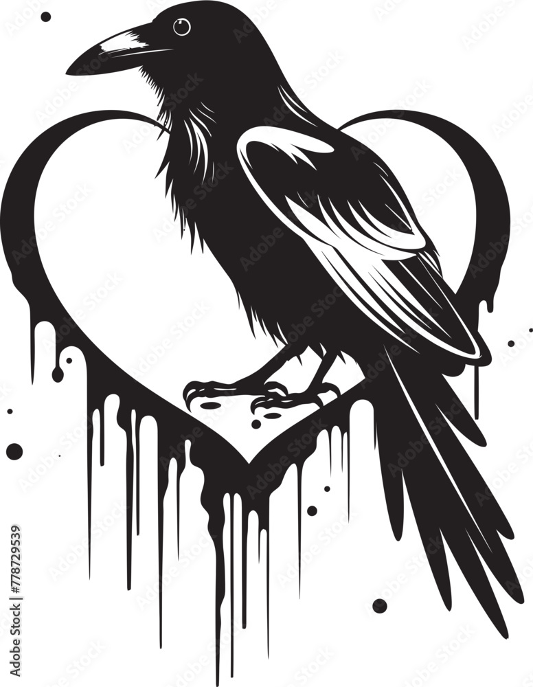 Fototapeta premium Eternal Devotion Raven Perched on Heart Emblem Loves Guardian Raven Symbol with Perched Bird Icon