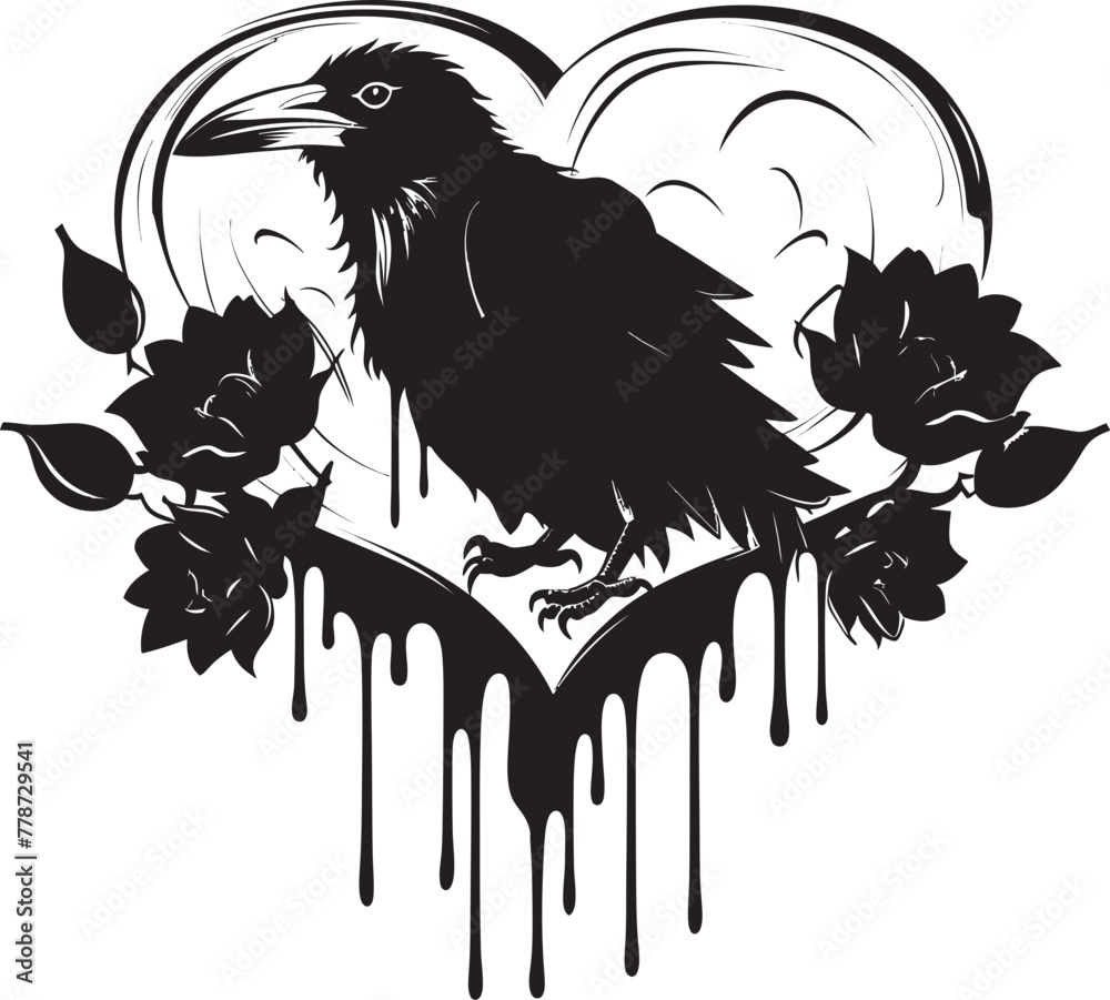 Fototapeta premium Ravens Embrace Heart Vector Logo with Perched Raven Hearts Watcher Raven Perched on Heart Emblem