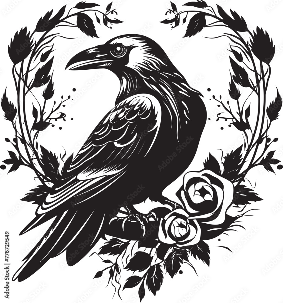 Fototapeta premium Sentinel of Love Iconic Raven Symbol with Heart Devotions Guardian Raven Symbol with Perched Bird Design