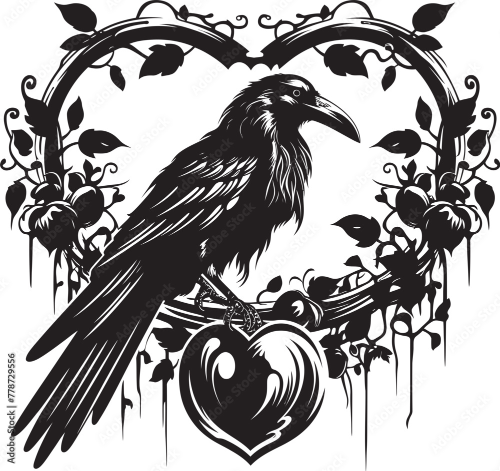 Fototapeta premium Hearts Watcher Raven Perched on Heart Emblem Sentinel of Love Iconic Raven Symbol with Heart