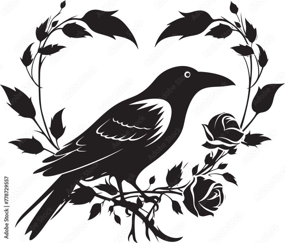 Fototapeta premium Devotions Guardian Raven Symbol with Perched Bird Design Eternal Wings Raven Perched on Heart Vector Logo