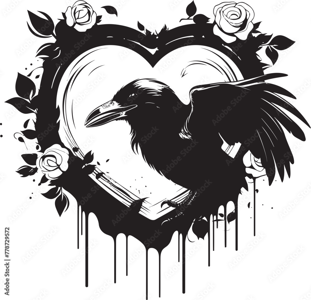 Fototapeta premium Raven Affection Heart Symbol with Perched Bird Emblem Guardians Embrace Raven Perched on Heart Icon