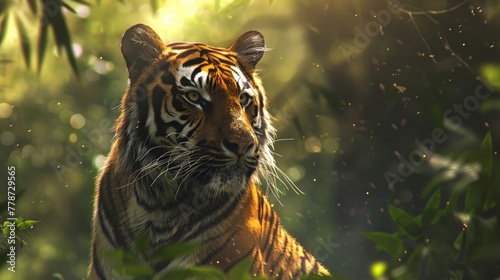 A majestic tiger, lush green forest, conservation success story, realistic, sunlight, depth of field bokeh effect