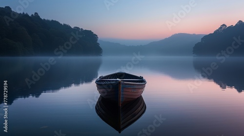 The soft light of dawn illuminates a gentle wooden boat as it drifts across the tranquil lake photo