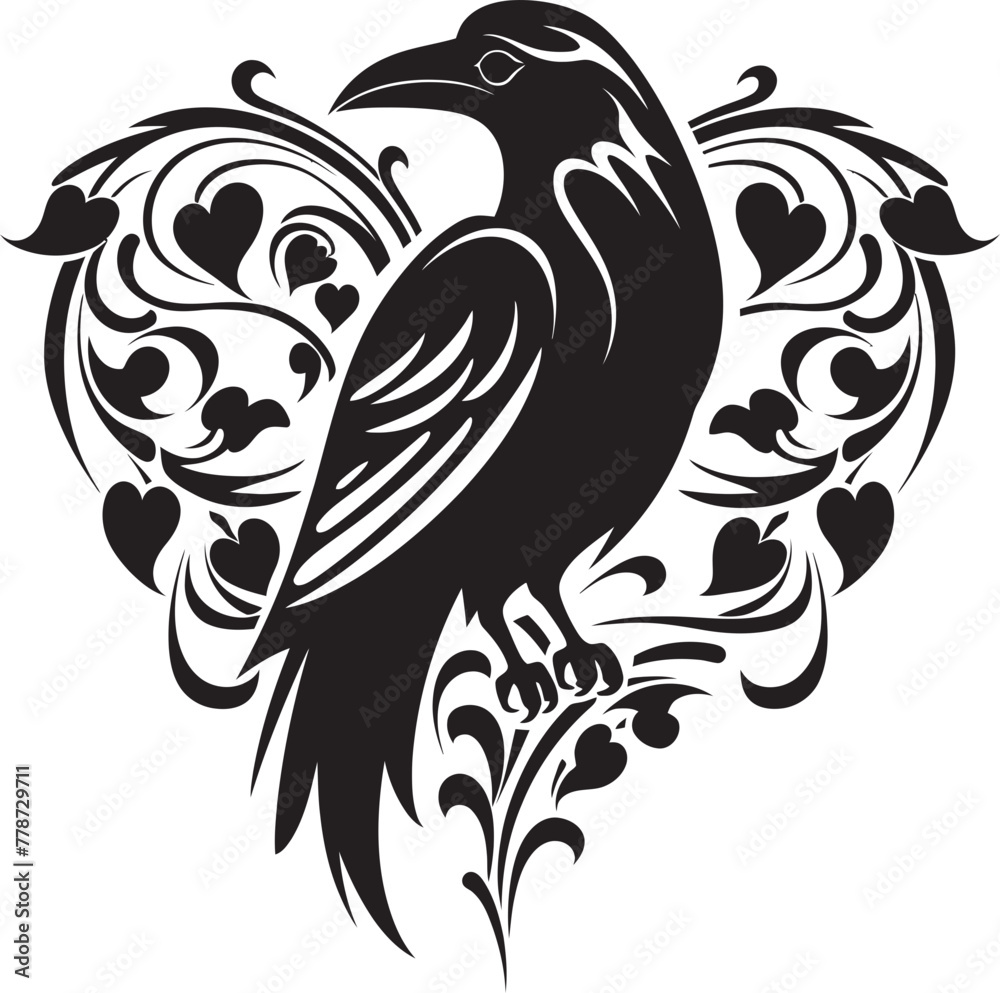 Fototapeta premium Heartfelt Protector Iconic Raven Symbol with Heart Guardians Embrace Raven Perched on Heart Emblem