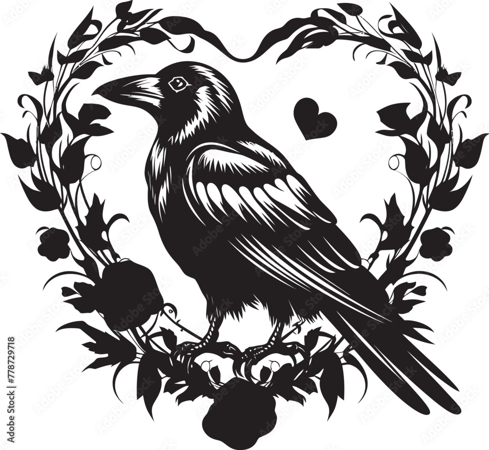 Fototapeta premium Guardians Embrace Raven Perched on Heart Emblem Hearts Sentinel Iconic Raven Symbol Vector Design