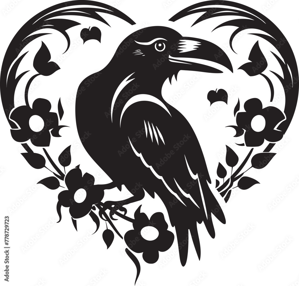 Fototapeta premium Eternal Love Raven Perched on Heart Emblem Ravens Devotion Heart Vector Logo with Perched Bird