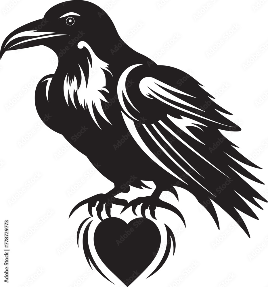Fototapeta premium Heartfelt Raven Iconic Vector Logo with Perched Raven Ravens Rest Heart Vector Logo with Perched Bird Icon