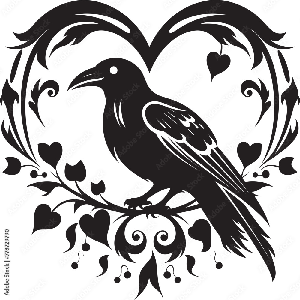 Eternal Wings Raven Perched on Heart Vector Heartfelt Connection Iconic Raven Symbol with Heart