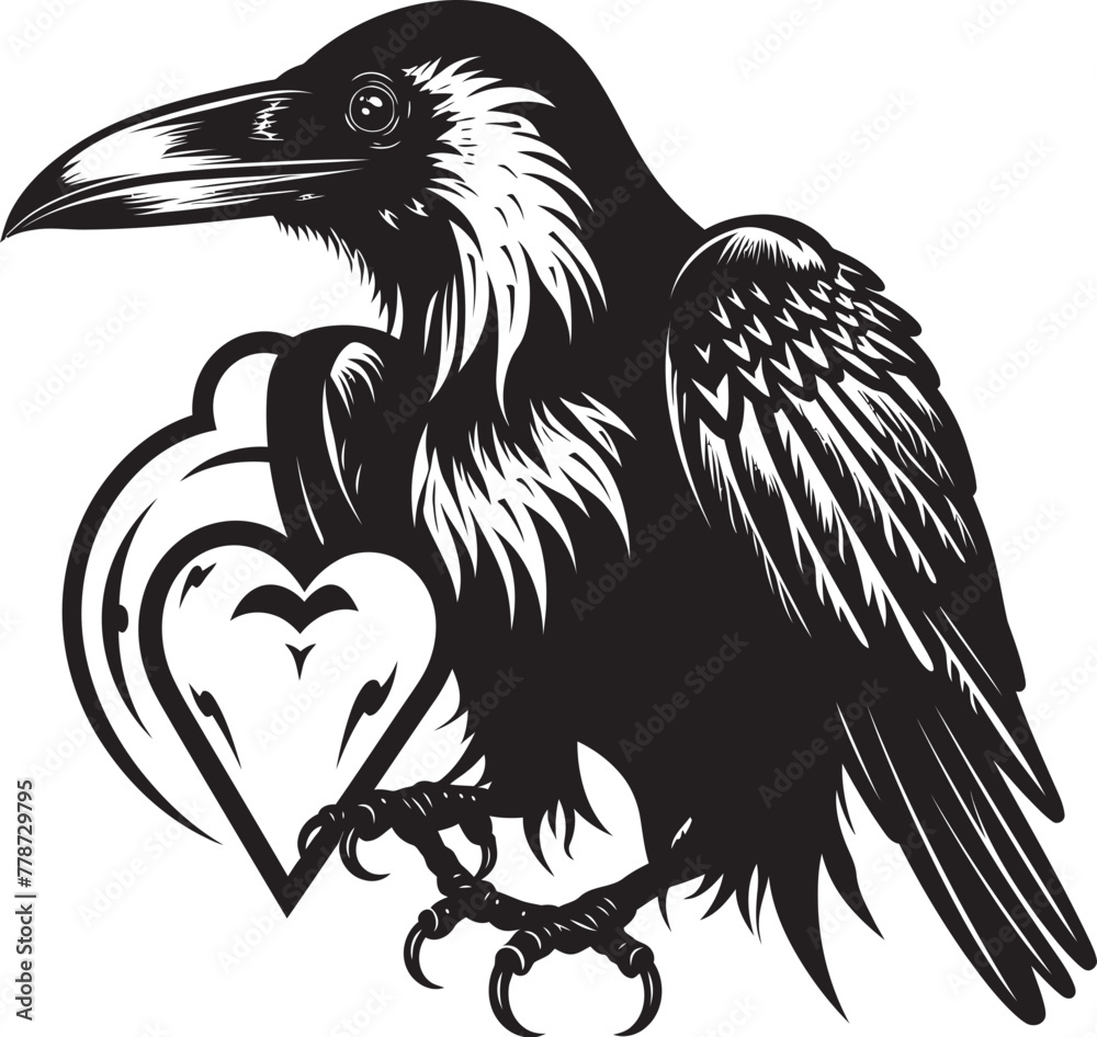 Fototapeta premium Devotions Guardian Raven Symbol with Perched Bird Icon Eternal Wings Raven Perched on Heart Vector