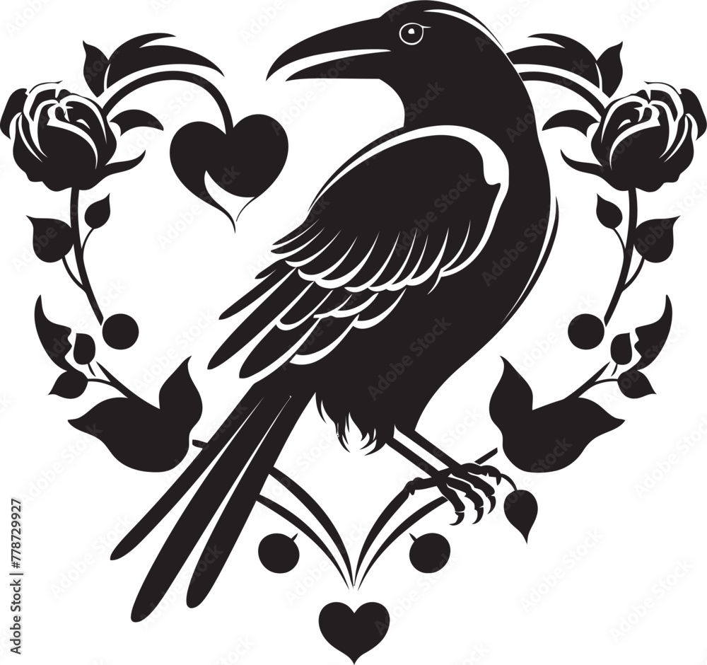 Fototapeta premium Ravens Reverie Perched Raven Vector Logo Design Heart and Raven Fusion Iconic Heart Vector Logo