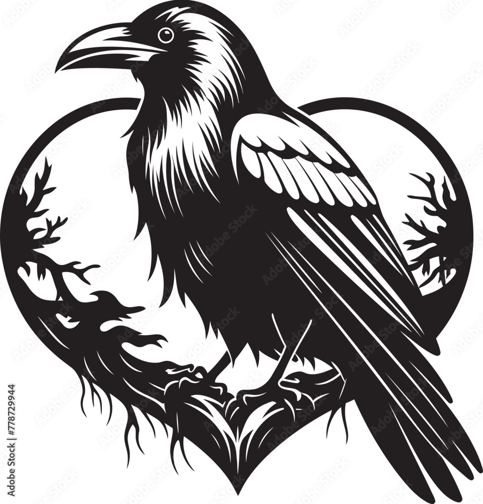 Naklejka premium Heart and Raven Fusion Vector Logo Design Perched Raven Emblem Heart Vector Logo Icon
