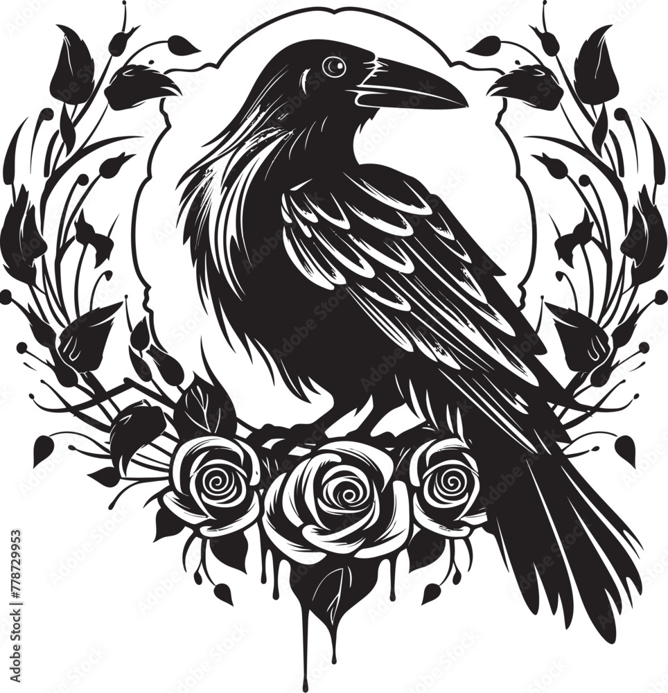Fototapeta premium Perched Raven Emblem Vector Logo Design with Heart Icon Hearts Companion Raven Heartbeat Vector Logo