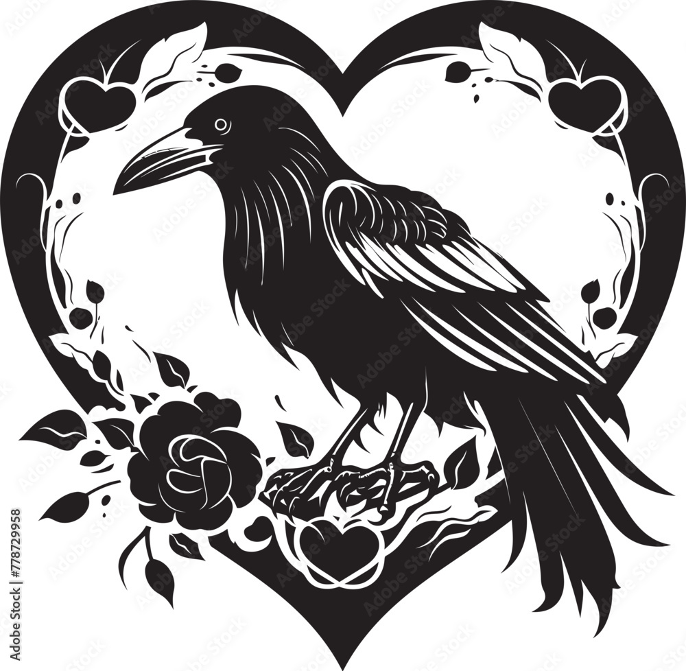 Fototapeta premium Raven Affection Heart Vector Logo with Perched Bird Heartfelt Raven Iconic Vector Logo Design