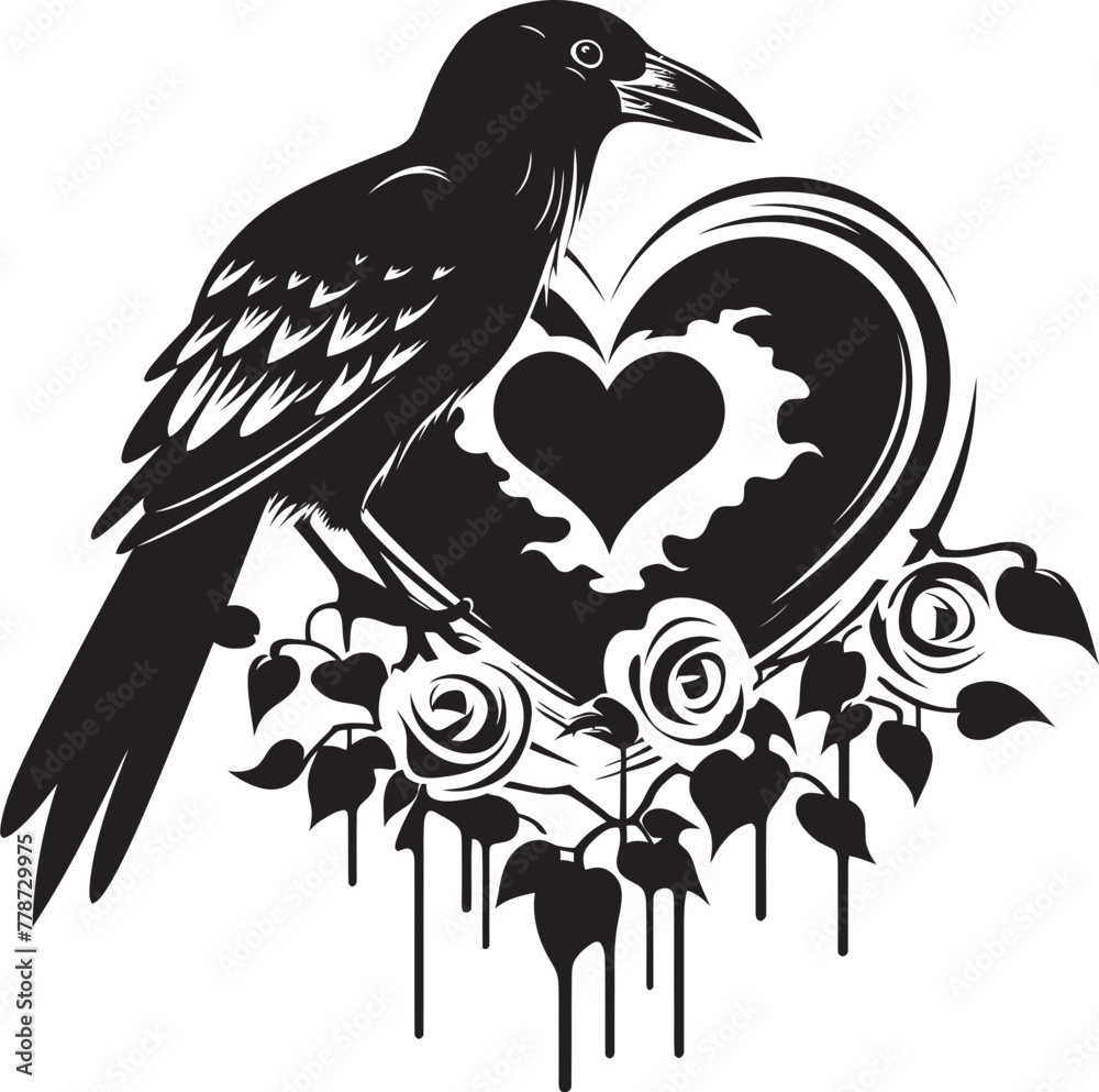 Naklejka premium Heartfelt Connection Heart Vector Logo with Perched Raven Ravens Rest Iconic Perched Bird Emblem