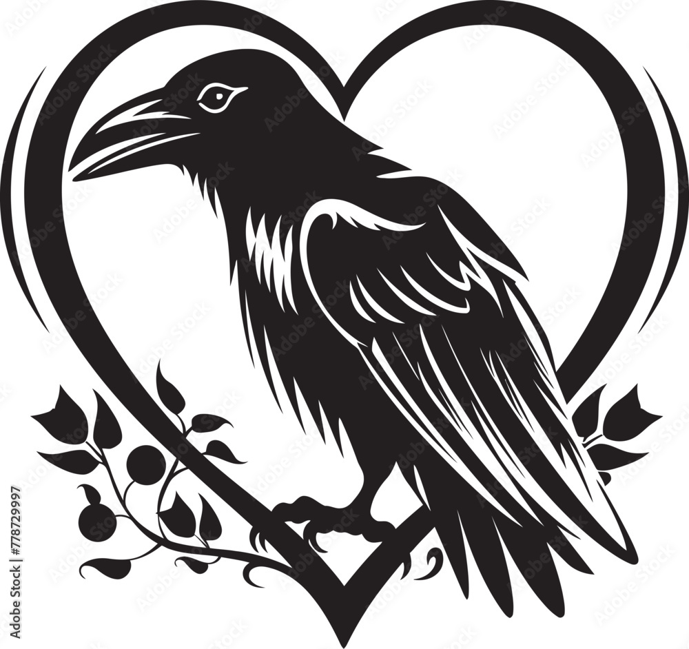Naklejka premium Heartfelt Guardian Raven Perched Vector Logo Wings of Affection Raven on Heart Symbol Logo