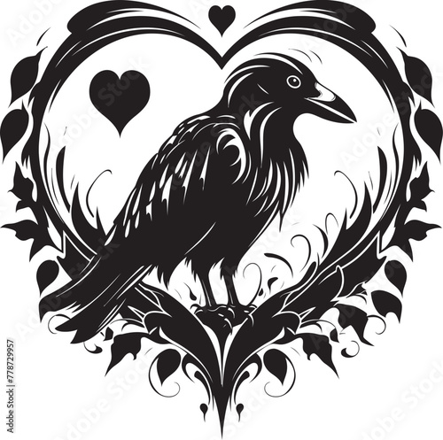 Heartfelt Raven Iconic Vector Logo Design Ravens Reverie Heart Vector Logo with Perched Bird Icon