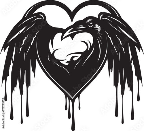 Ravens Reverie Heart Vector Logo with Perched Bird Raven Affection Iconic Heart Vector Logo Design