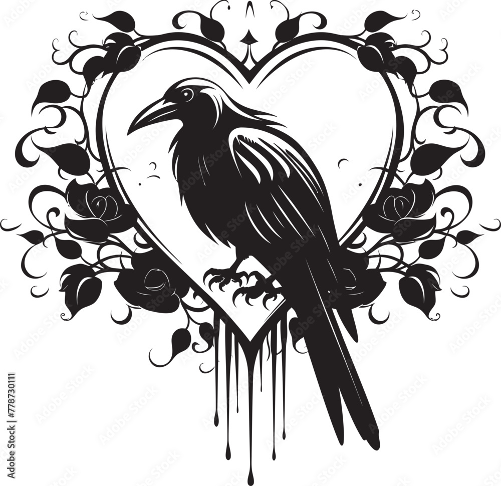 Fototapeta premium Hearts Companion Perched Raven Vector Logo Ravens Nest Heart Vector Logo with Perched Bird Icon