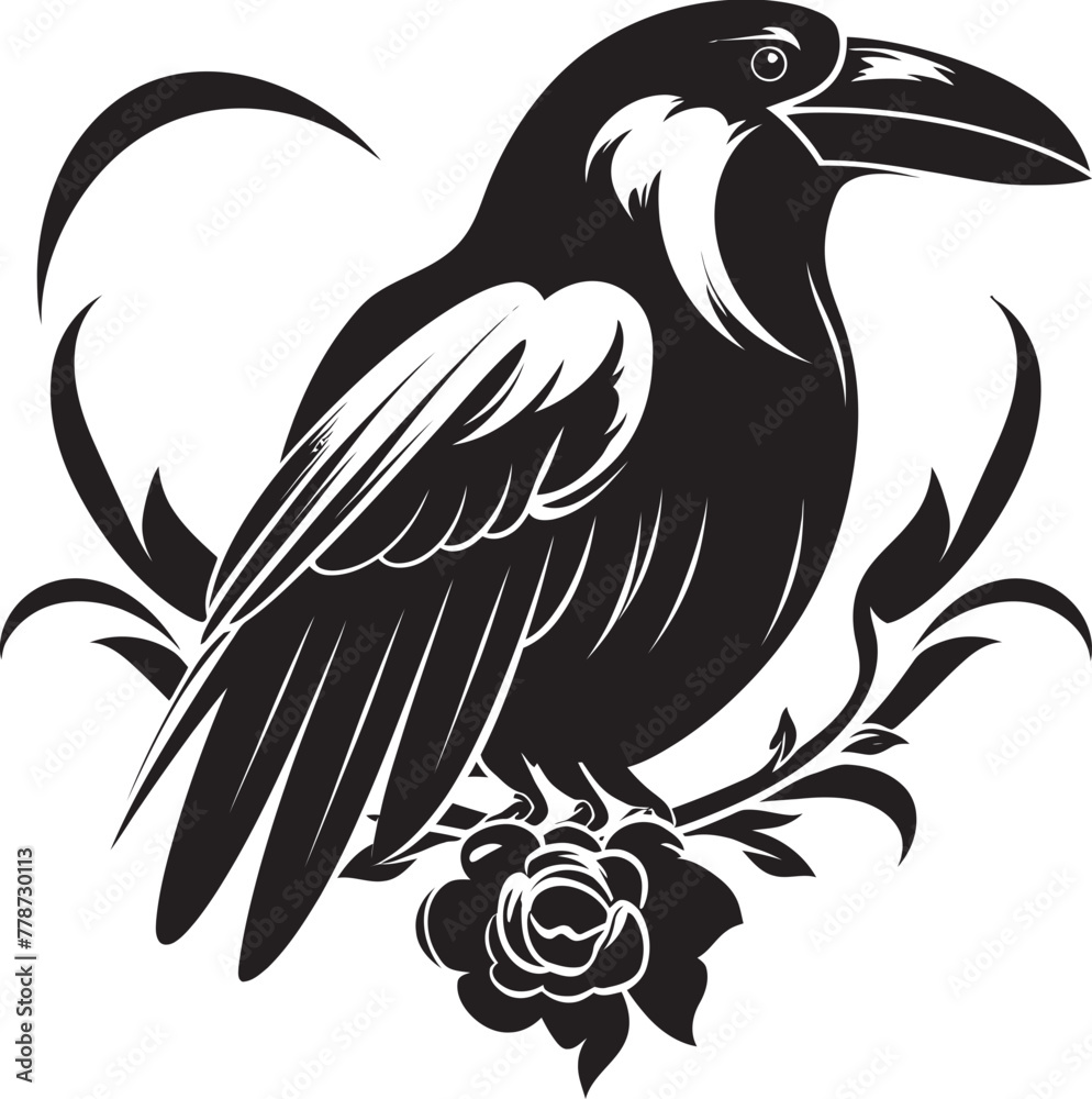 Fototapeta premium Devotions Guardian Raven Perched on Heart Icon Wings of Love Raven Symbol Vector Logo Design