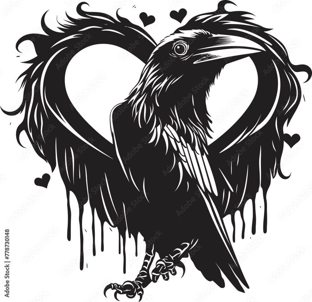 Fototapeta premium Ravens Nest Heart Vector Logo with Perched Bird Icon Heartfelt Connection Raven Perched on Heart Vector Logo