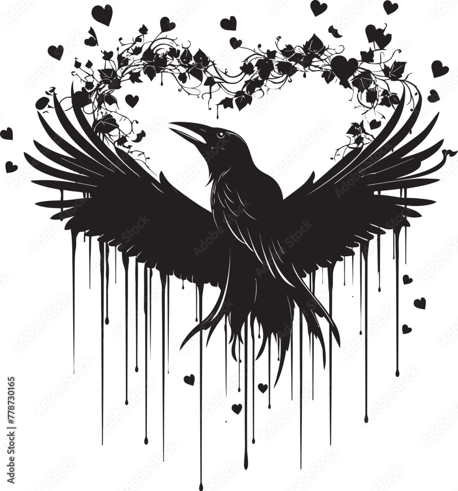 Obraz premium Eternal Devotion Raven Perched on Heart Icon Guardian of Affection Heart Symbol with Perched Bird Logo