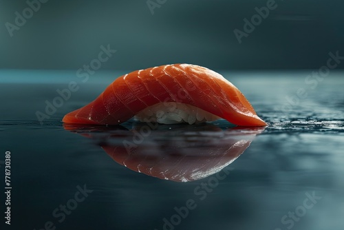 A lone sashimi piece on a dark reflective surface © 220 AI Studio