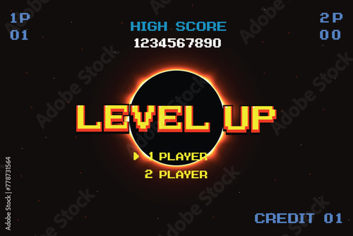LEVEL UP. pixel art .8 bit game. retro game. for game assets in vector illustrations. Solar Eclipse Illustration background. Total solar eclipse vector illustration