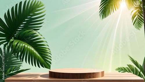 vector minimal natural wood podium with green palm leaf with sunlight background minimal wooden