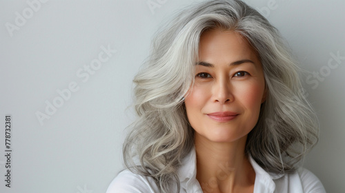 Beautiful asian age model woman with gray chic hair on a plain background. Advertising of age-related cosmetics, hair products, beauty industry