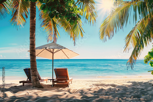 Deckchairs  Parasol  and Palm Trees in Tropical Harmony