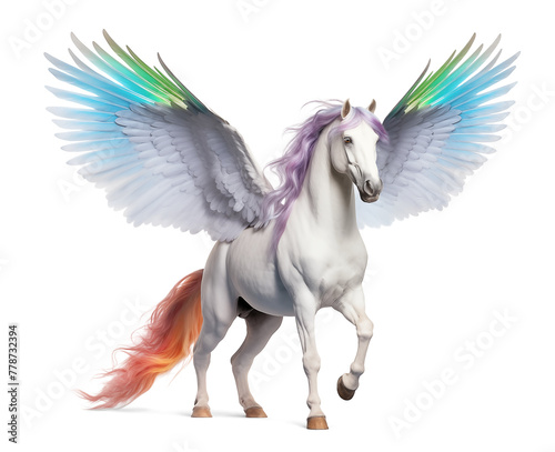 White pegasus horse with rainbow wings on isolated background