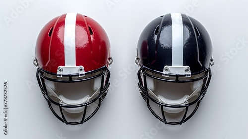 a couple of helmets sitting next to each other on a white surface with a white stripe on the side of the helmet.
