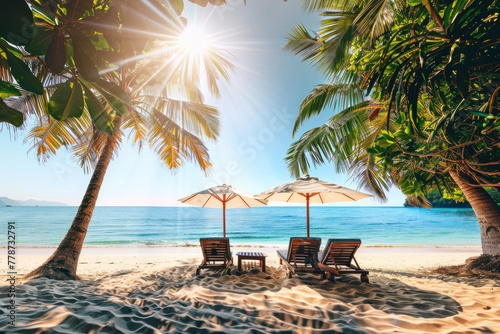 Palm Trees Frame Deckchairs and Parasol on the Beach © SebuahKisah