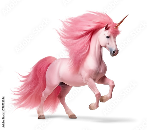 Majestic pink unicorn horse standing on isolated background photo