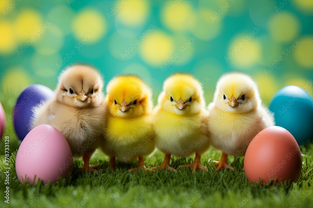Easter eggs in a row with chickens on a green background. copy space