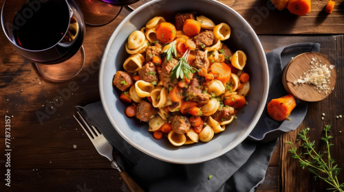 bowl of orecchiette pasta covered with a sauce pieces of salsiccia sausagge, ragu bianco