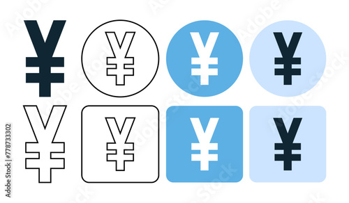 set of yen sign icon symbol, japan yen icon, flat and stroke line editable