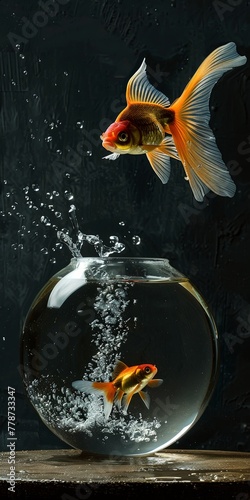 A goldfish jumps out of an aquarium. Creative thinking. Concept of Freedom, Ideas. Vertical Frame. copy space photo