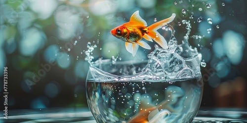 A goldfish jumps out of an aquarium. Creative thinking. Concept of Freedom  Ideas