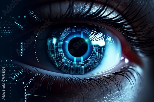 Technology, Scanning, Security, Future, View. Digital image of woman's eye. Security concept. Technology, Scanning, Security, Future, View