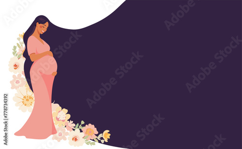 Mother s day card, pregnant woman with flowers and place for text, cute lady expecting the birth of a baby, concept of motherhood, pregnancy, family. Vector cartoon illustration.