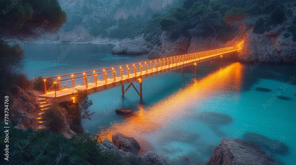 a long bridge over a body of water with a lit up bridge in the middle of the water at night.
