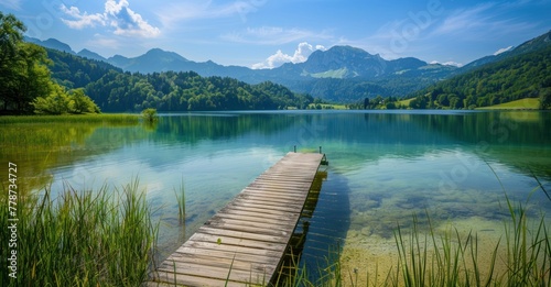Tranquil Waters: Countryside Lake Mirroring Sunlit Mountains, Wooden Dock Amid Serene Beauty