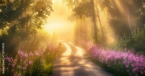 tranquil Pathway  Winding Country Road Amid Blooming Wildflowers  Towering Trees  and Sunlit Serenity