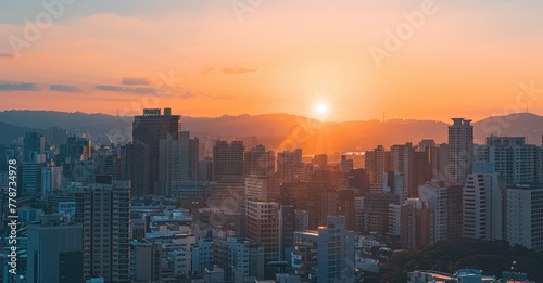Dawning Metropolis  Sunrise Illuminates Urban Skyline in Warm Hues